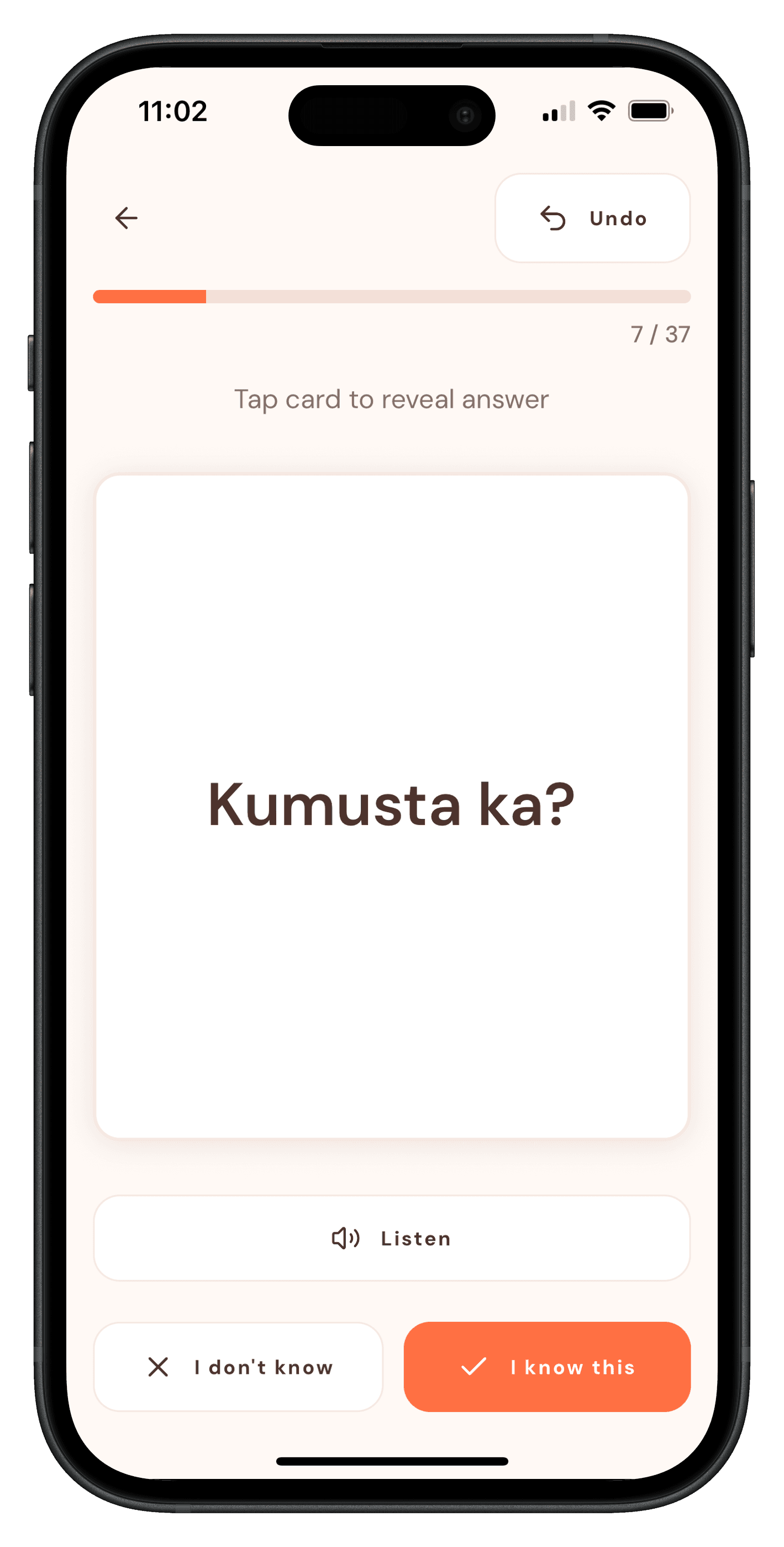 Tahanan flashcards review screen in iPhone frame